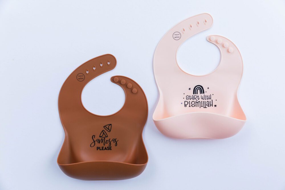 Silicone Baby Bib Set ('Samosas Please" in Cocoa + "Start with Bismillah" in Oat)