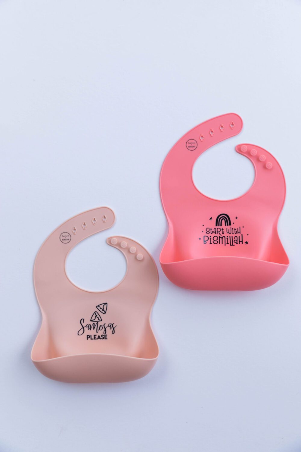 Silicone Baby Bib Set ("Start with Bismillah" in Rosie + "Samosas Please" in Peach)