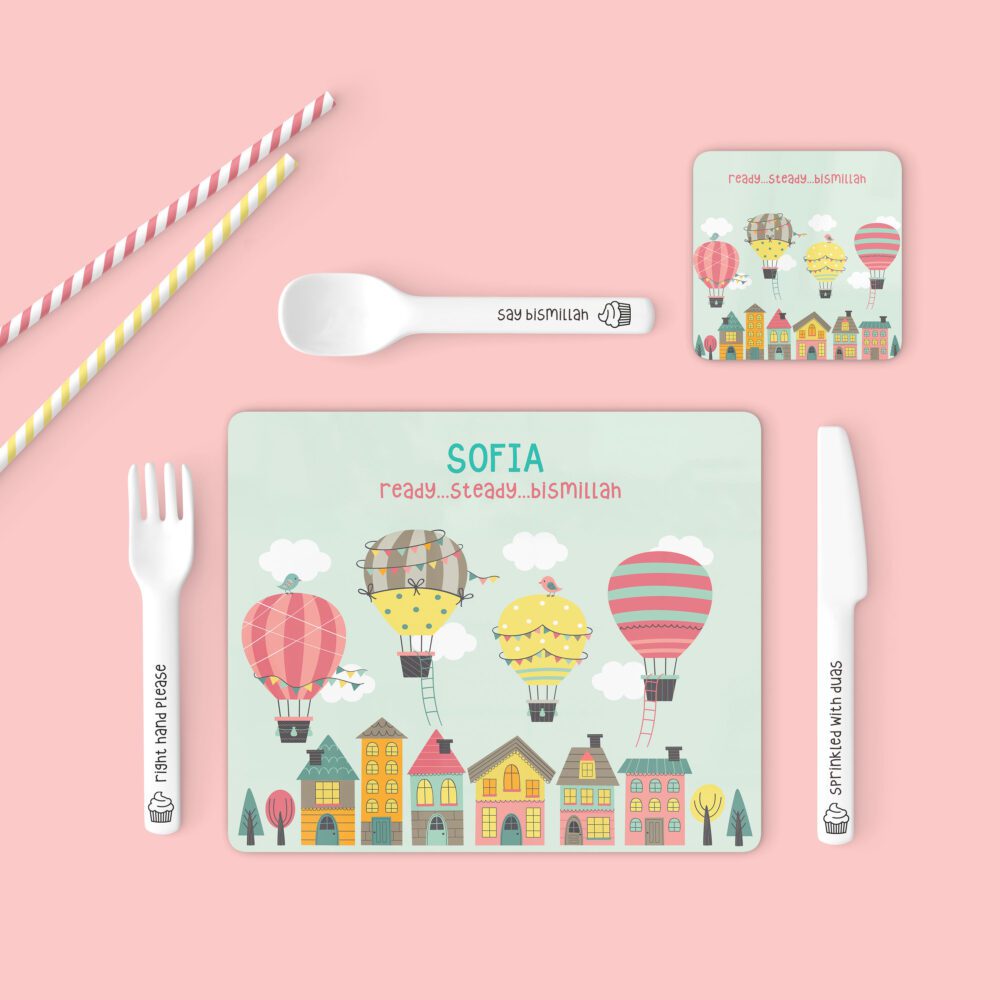 Placemat & Coaster Set - Ready, Steady Bismillah Hot Air Balloon Themed